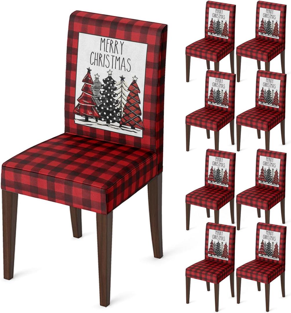 Horaldaily 8PCS Christmas Dining Chair Covers,Red Buffalo Plaid Trees Stretch Removable Washable Slipcover Chair Protector for Dining Room Home Decor