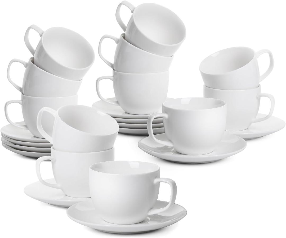 BTaT- Cappuccino Cups with Saucers 8 oz, Set of 12, White Porcelain Coffee Cup and Saucer Set for Latte, Mocha, Tea, Au Lait, Flat White, Dishwasher, Microwave, Freezer and Oven Safe