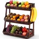 3 Tier Fruit Basket for Kitchen Counter Fruit Storage Large Wood Vegetables Basket with Banana Hooks Bowl Stand Holder Snack Organizer Countertop Onion Bread Pantry (Dark Brown)