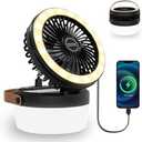 3-in-1 Camping Fan, Portable Solar Fan Rechargeable with LED Lantern, Battery Powered & Solar Camping Fan Light with Hanging Hook for Tent, 3 Speeds USB Fans for Camping Essentials, RV Travel, Outdoor
