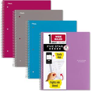 Five Star Spiral Notebook + Study App, 4 Pack, 1 Subject, Wide Ruled Paper, 8" x 10-1/2", 100 Sheets, Fights Ink Bleed, Water Resistant Cover, Purple, Pink, Gray and Blue (930105-ECM)