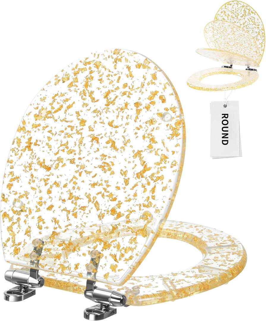 Resin Toilet Seat Round with Easy Clean Adjustable Hinges, Soft Close Quick Release Heavy Duty Golden Glitter Cover Acrylic Toilet Seats (Round 17Inch, Gold Foil, Upgraded hinge) (Golden Foil)