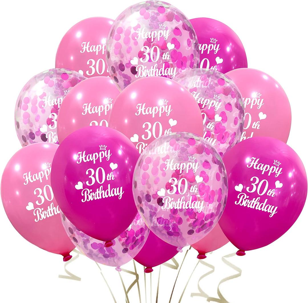 JONHAMWELBOR Happy 30th Birthday Balloon (30pcs 12inch) Hot Pink and Pink Latex Inflatable Confetti Anniversary Party Helium Balloons Decorations Supplies for 30 Year Old Women,Her,Daughter,Sister