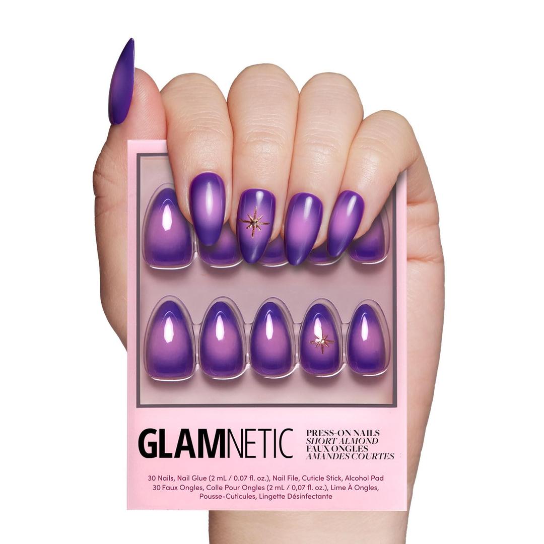 Glamnetic Press On Nails - Tarot | Glossy, Opaque, Short Almond Purple Nails, Salon Quality | 15 Sizes - 30 Nail Kit with Glue