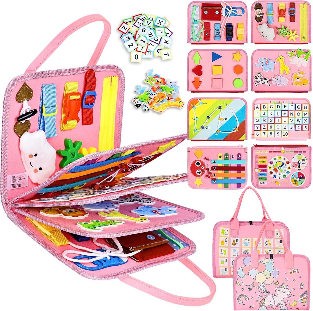 Esjay Toddler Busy Board Montessori Toys for Girls, Sensory Book Educational Activities for Learning Fine Motor Skills, Birthday Gifts for Girls Toddlers, Travel Toys for Airplane Car, Fairy Horse