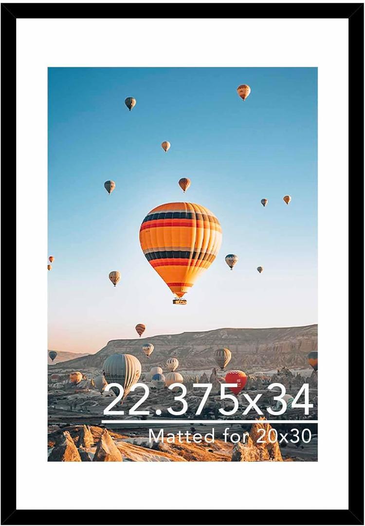 22.375x34 Picture Frame with 20x30 Mat, Display Photo 20x30 with Mat or 22.375 x 34 Without Mat, Wall Hanging Large 22.375 by 34 Poster Frame with Plexiglass, Black
