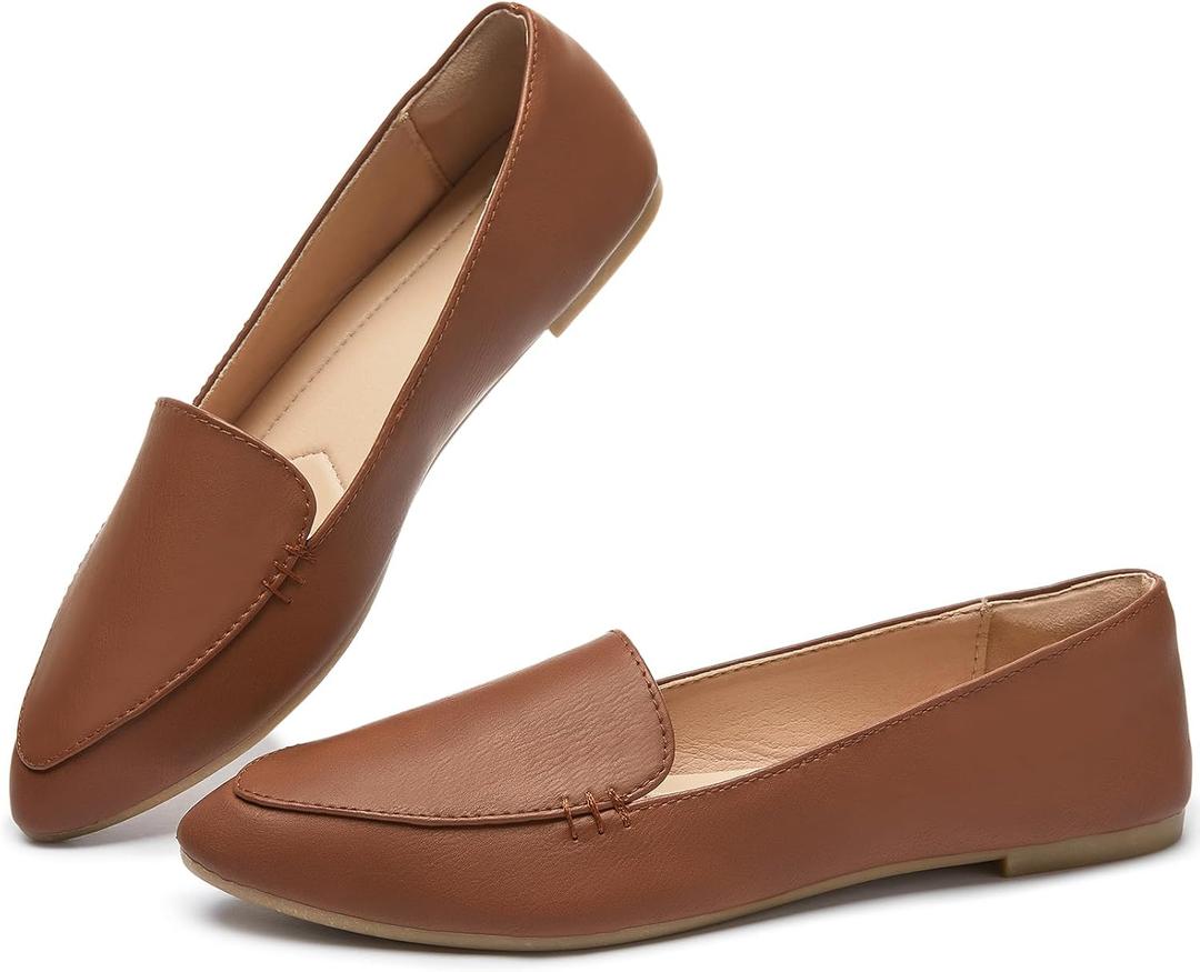 FINIWOR Loafers for Women Flats Shoes Women Pointed Toe Dress Shoes Comfortable Memory Foam Penny Loafers Slip On Shoes(Brown US8) (Brown)