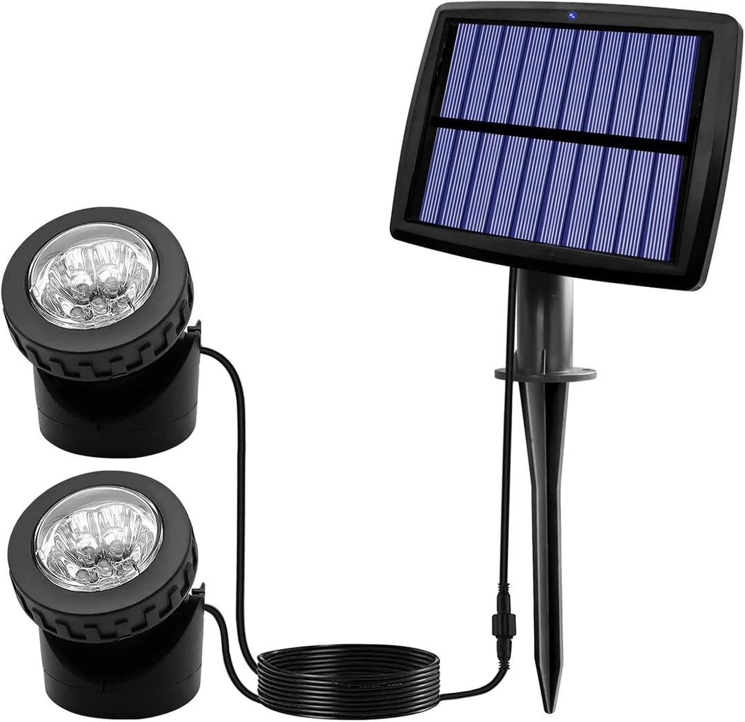 AVEKI Solar Pond Spotlights, 2 in 1 12 LED Solar Underwater Lights with Dual Head Waterproof Submarine Landscape Spotlight Security Lighting for Outdoor Patio Garden Fountain Pond (Warm White)