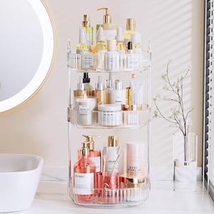 Delamu Rotating Bathroom Countertop Organizer, Large Capacity 3-Tier Multi-Function Storage for Cosmetics, Skincare, and Perfume, Makeup Organizer Countertop Ideal for Dresser, Bathroom,Vanity, Clear