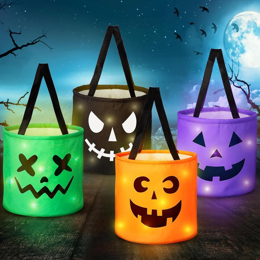 BainGesk 4 Pack Halloween Buckets, LED Light Up Trick or Treat Bags, Reusable Pumpkin Candy Bucket for Halloween Party, Goodie Bags for Party Favor Supplies