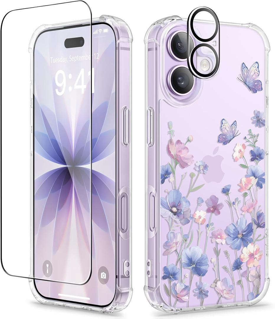 GVIEWIN for iPhone 17 Case, with Screen Protector+Camera Lens Protector, [NonYellowing] Clear Floral Slim Shockproof Protective Hard PC Back Women Phone Case for iPhone 17 6.3", Bloomwing/Blue