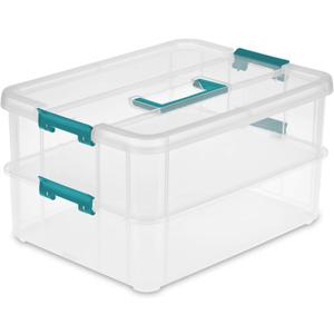 Sterilite 1427CLR Stack & Carry - 2 Layer Box, Clear Lid & Blue Handle, See-through layers