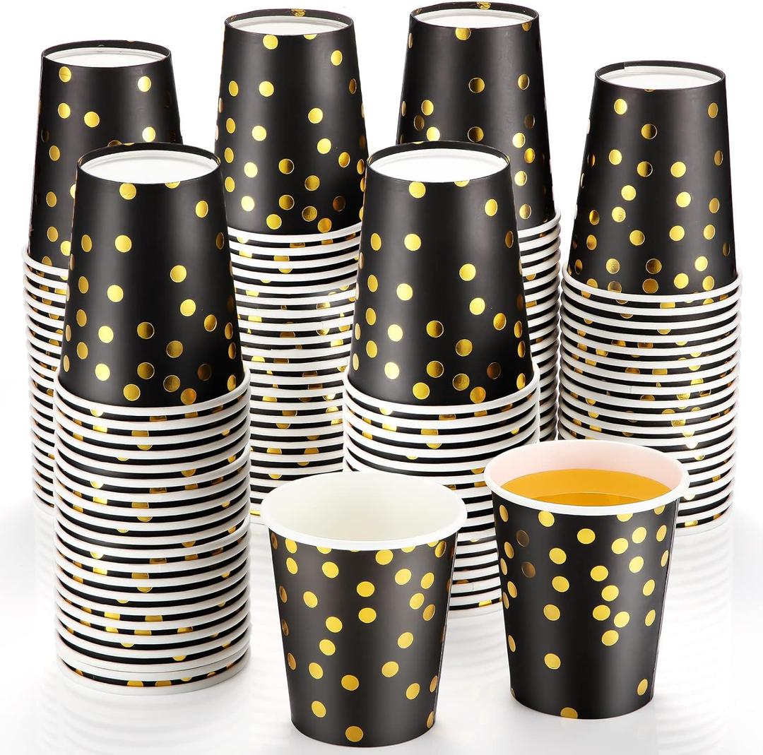 Sieral 100 Pcs Black Gold Foil Disposable Paper Cups Back to School Polka Dot Shot 9 oz Coffee Drinkware Bulk for Wedding Dinner Party Supplies(Black and Gold)