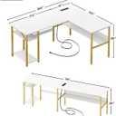 Unikito Reversible L Shaped Desk with Magic Power Outlets and USB Charging Ports, Sturdy Corner Computer Desk with Storage Shelves, Gaming Table Home Office Desk, Easy to Assemble, White and Gold