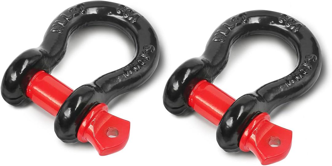 1/2" D Ring Shackle with 5/8" Screw Pin, 2T Working Load Limit (WLL) / 12T (26,455 lb) Minimum Breaking Strength (MBS) for Tow Strap Winch, Off-Road Vehicle Recovery (Black/Red, 2 Pack)