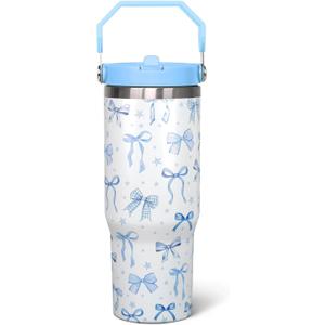 30 Oz Blue Bow Flip Tumbler With Lid and Straw, Coffee Travel Mug, Blue Bow Gifts for Women Girls, Bow Home Decor (EXP 11/28/36)