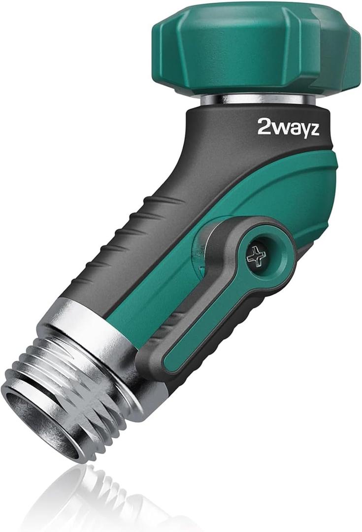 2WAYZ 45 Garden Hose Shut Off Valve - Heavy Duty Metal Elbow Connector with Shut Off Switch - No-Leak Water Hose Adapter for Outdoor Faucet Extension - 2x3x4 Inch (Black, Green)