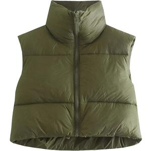 Shiyifa Women's Fashion High Neck Zipper Cropped Puffer Vest Jacket Coat (Army Green), Size: XS