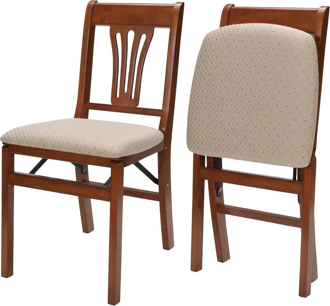 Stakmore Urn Back Wooden Folding Chairs with Padded Seats, Set of 2 - No Assembly Foldable Dining Chairs, Steel Folding Mechanism, Upholstered Cushion, Space-Saving, Cherry Frame