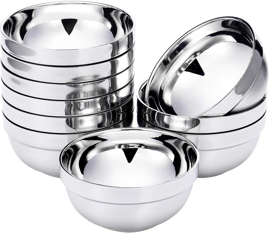 SATINIOR 10 Pack 201 Stainless Steel Bowls Double Walled Insulated for Kids and Adults Multipurpose for Sauces, Rice, Noodle, Ice Cream, Dishwasher Safe(15 oz)