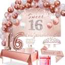 Trgowaul 16th Birthday Decoration Balloon Set Girls Arch, Rose Gold Sweet 16th Birthday Banner and Party Tablecloth, Belt and Tiara, Pink Gold 16th Balloon, Pink Birthday Cake Top, Latex Balloon * 60