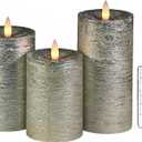 Shiny Metallic Silver Flameless Pillar Candles, Patented 3D Realistic Moving Flickering Flame with Remote Timer, Battery Operated 400hrs for Wedding, Holiday, Party, Decor, Gift(Set of 3)
