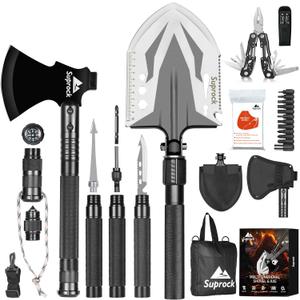Survival Shovel High Carbon Steel Tactical Shovel Axe Folding Entrenching Tool Camping Hiking Shovel Carrying Pouch Car Emergency Survival Gear (Black)