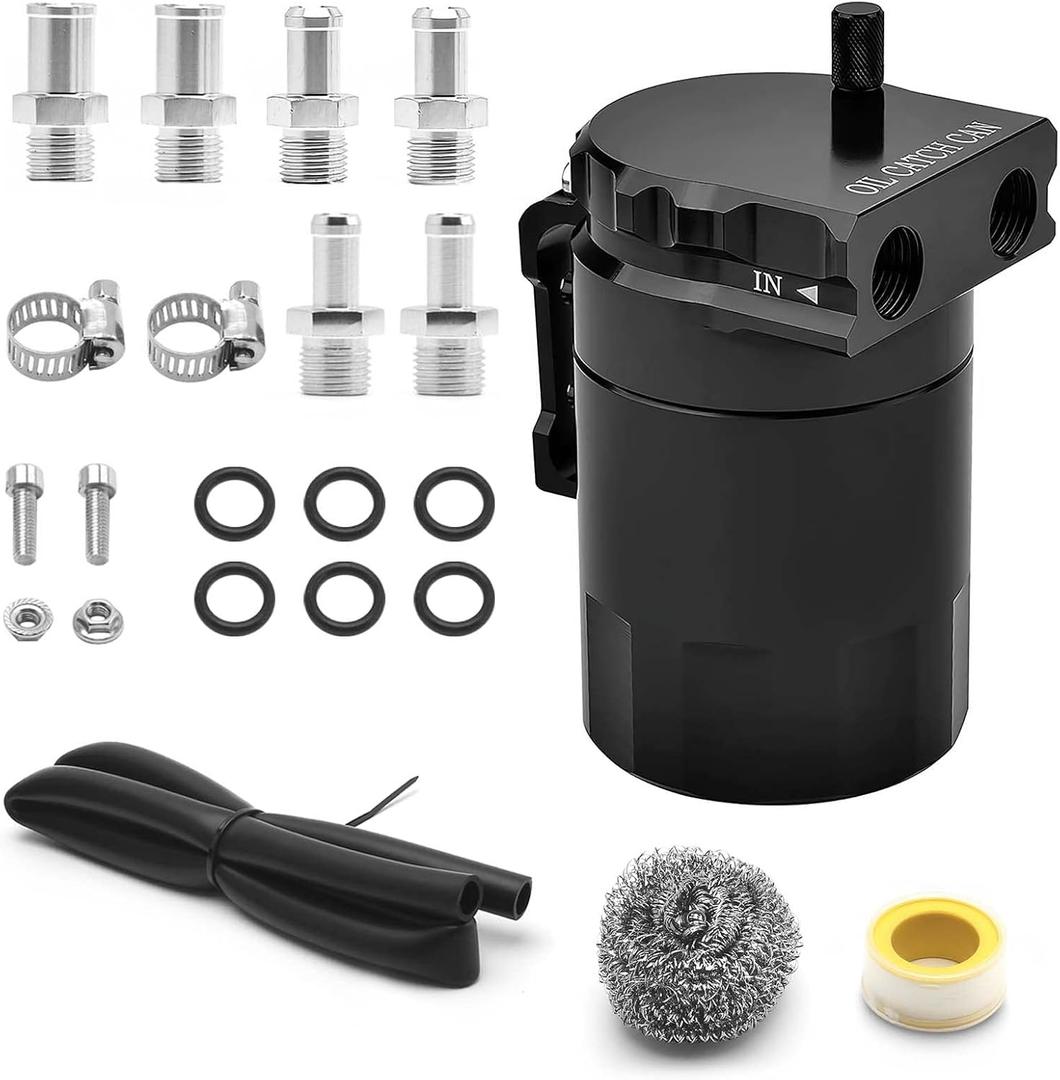 350ml Universal Oil Catch Can 0046 Aluminum Polish Baffled Reservoir Car Oil Catch Can Kit with 3/8" Fuel Line/6 Fittings/Stainless Steel Wool/Thread Seal Tape/Necessary Screws,Black