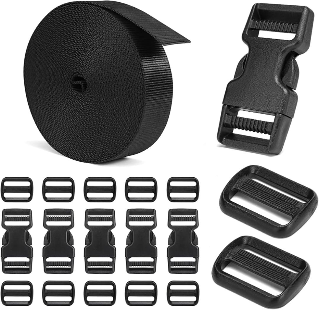 Buckles and Straps Set 1": 5 Yards of Thick Nylon Webbing,Heavy Duty Adjustable Quick Side Release Plastic Buckles (3/4" Combo Set)