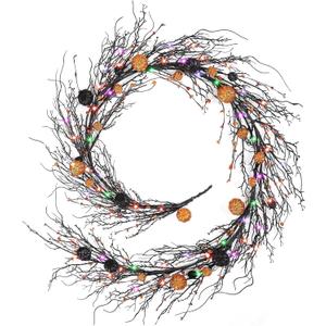 6.5 Ft Halloween Garland Black Willow Vine Decor with 9.8FT Lights Artificial Branches Berries Pumpkin Vines Halloween Realistic Garland for Home Fireplace Table Window Mantle Party Holiday Decor