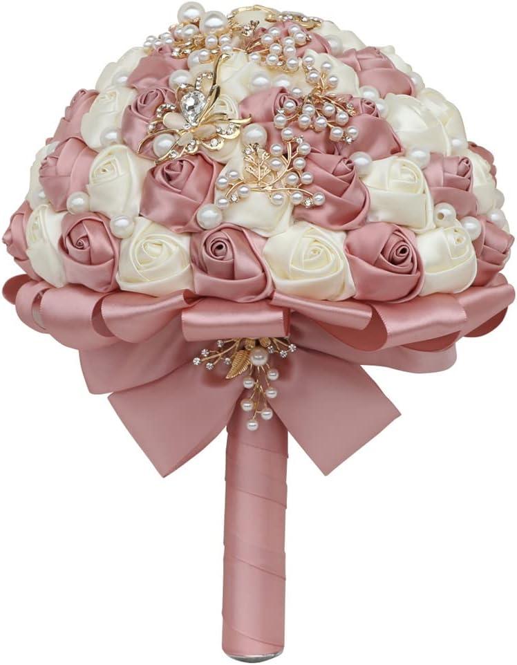Sharebeauty 7.1 Inch Handmade Satin Rose Bridal Bouquet Toss Round Wedding Bouquet Throw Toss Artificial Flower Bunch Pastel Pink + Ivory