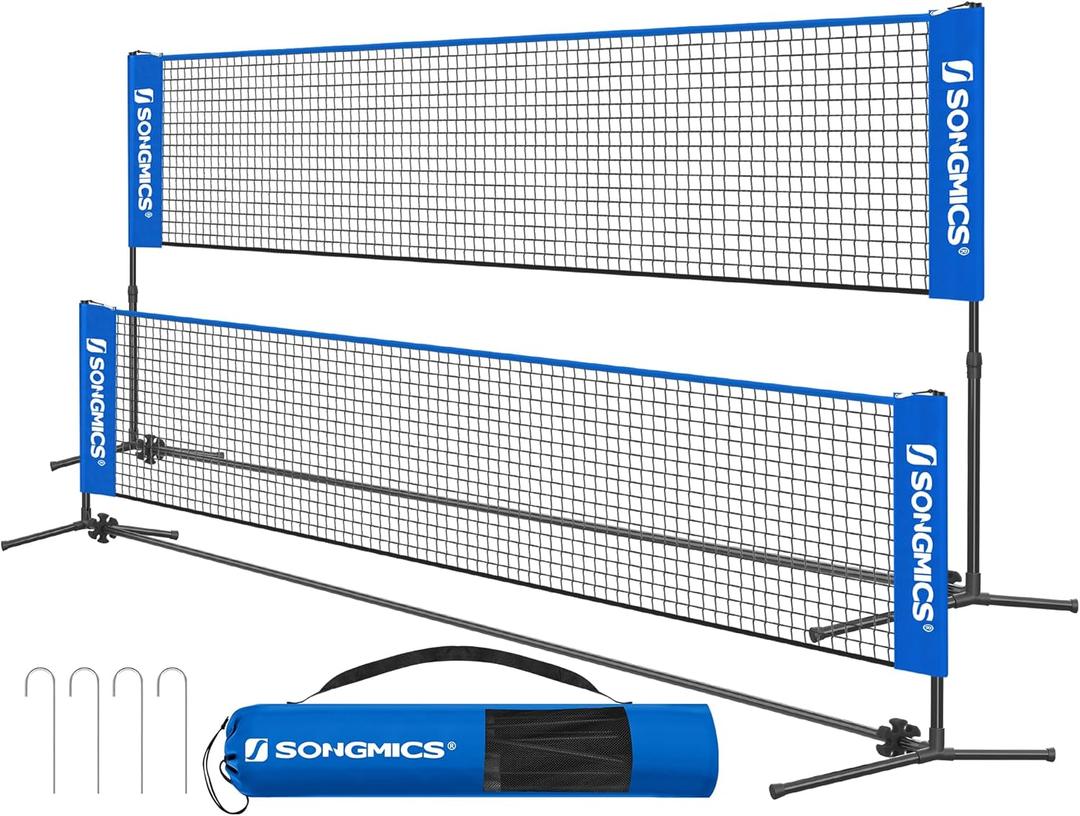 SONGMICS Badminton Net, Height Adjustable Volleyball Net, Pickleball Net for Junior Tennis, Kids, Indoor Outdoor Court, Foldable Nylon Net with Poles 10ft/13ft/16.5ft Wide (Blue)