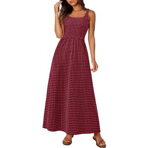 PRETTYGARDEN Women's 2026 Summer Spaghetti Strap Maxi Dresses Plaid Square Neck A Line Casual Beach Vacation Long Sundress (Red, L)