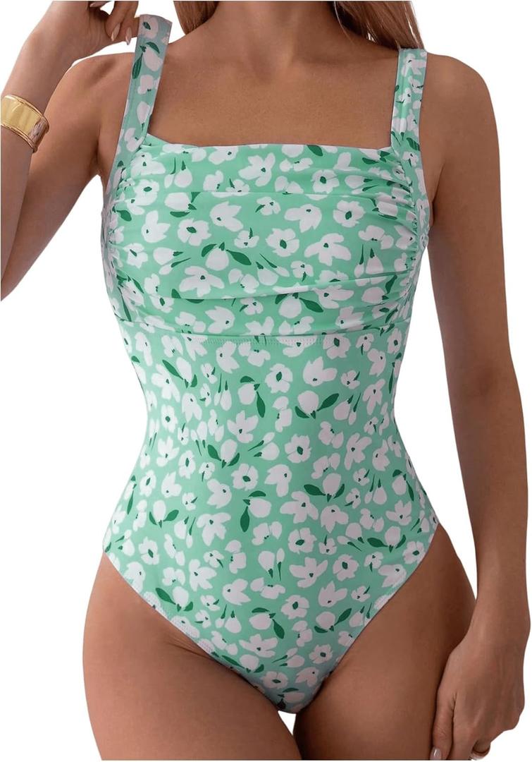 MakeMeChic Women's Floral Print Square Neck One Piece Swimsuit Ruched Bust Sleeveless Beach Cami Monokini Green Large