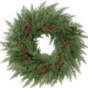 Lush Christmas Wreaths for Front Door with Red Berries Christmas Decorations 24 inch Real Touch Faux Cedar Wreath Large Winter Green Wreaths for Windows Outdoor Indoor Walls Home Xmas Holiday Decor