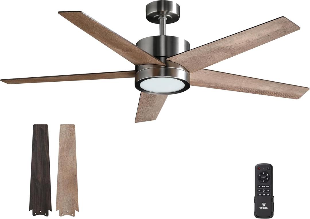 Ceiling Fan 52'' with Light: Modern Remote Control Fans Downrod Mounted - Quiet Reversible DC Motor - Light Memory Function for Patio Dining Room Outdoor Indoor (Brushed Nickel+Walnut-5)