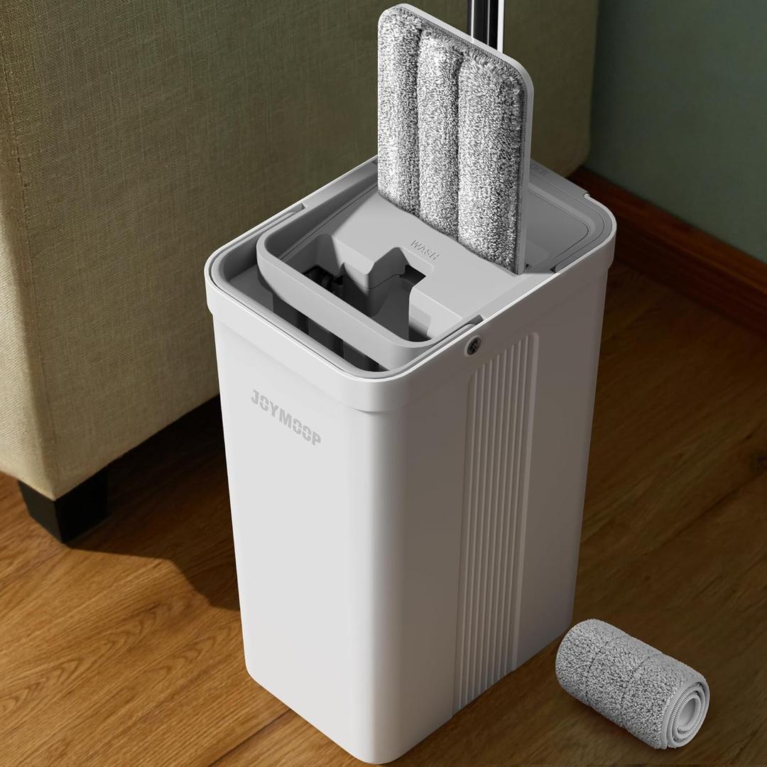 JOYMOOP Hands-Free Self-Cleaning Microfiber Mop and Bucket with Wringer Set for Home, Mops for Floor Cleaning and Wall Cleaner, Hardwood, Tile, Laminate, Vinyl Floors, Smooth Walls, and Glass Windows (50" Mop + 1 Pad, White [Bucket #2124])