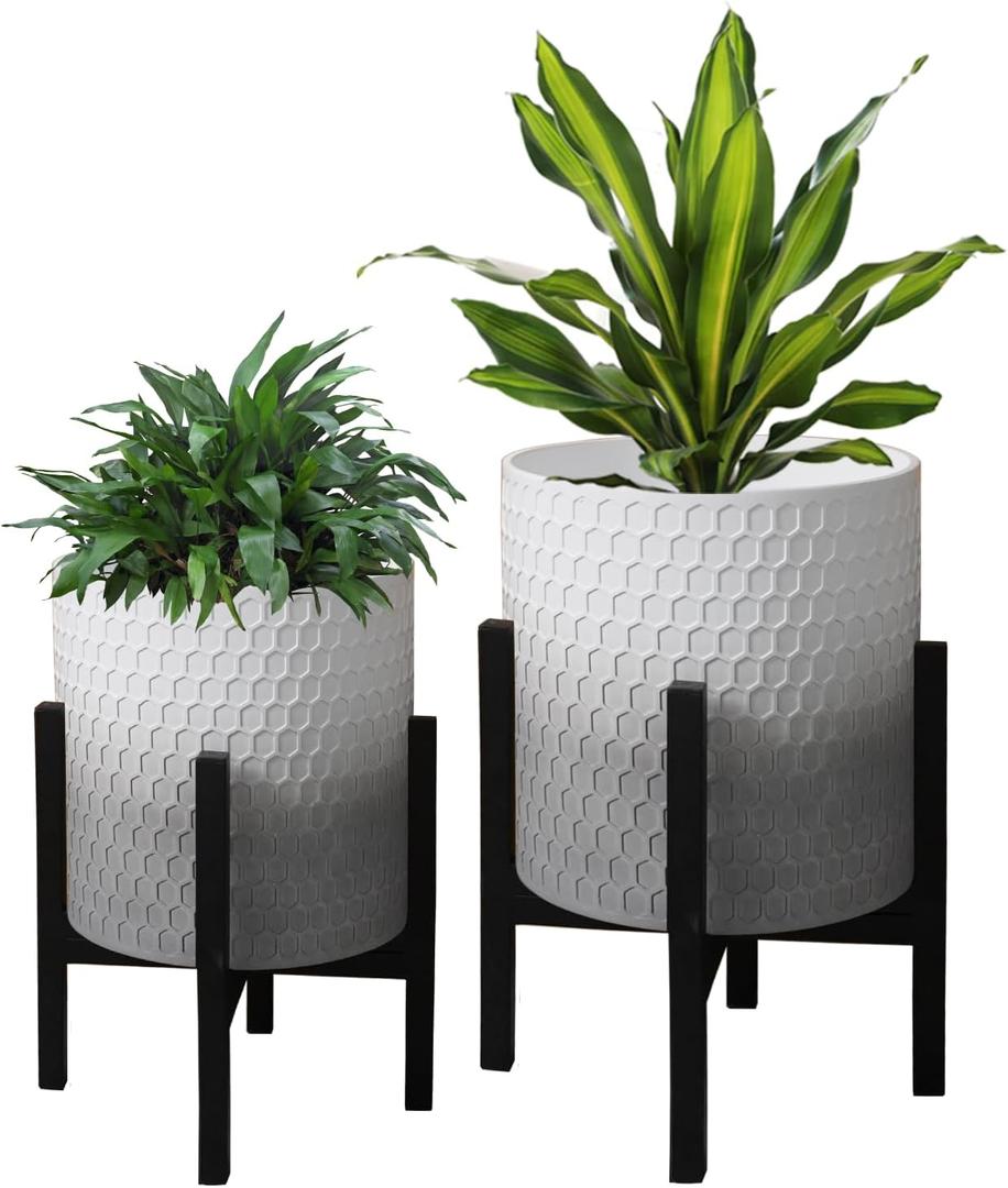 10 & 12 Inches Planters with Metal Sand for Indoor Plants Set of 2,Decorative Plant Pots with Holder, Outdoor Flower Pots with Legs, Modern Garden Pot with Drainage Holes for Snake Plant, House plants (Honeycomb Gradient)