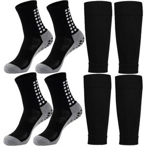 KMOLY 1 Set Kids Grip Soccer Socks and Shin Guard Sleeves for Age 7-14 Youth Boys Children Football Basketball Training (2 Set Black)