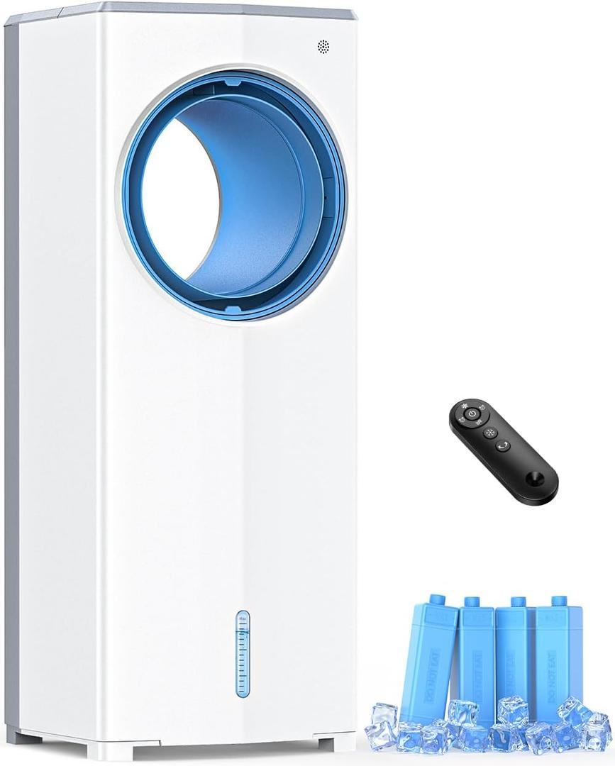 27 INCH Evaporative Air Cooler, Windowless Swamp Cooler Portable Air Conditioners w/Normal/Natural/Sleep/Cooling Mode,3 Speeds,Double Tanks& Remote & Smart Timer, Bladeless Air Cooler for Room, 1 Count