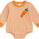 AHUGHAUE Baby Boy Girl Easter Outfit Sweatshirt Romper Striped Carrot/ Bunny Long Sleeve Bubble Romper Waffle Knit Bodysuit (Orange, 3-6 Months)