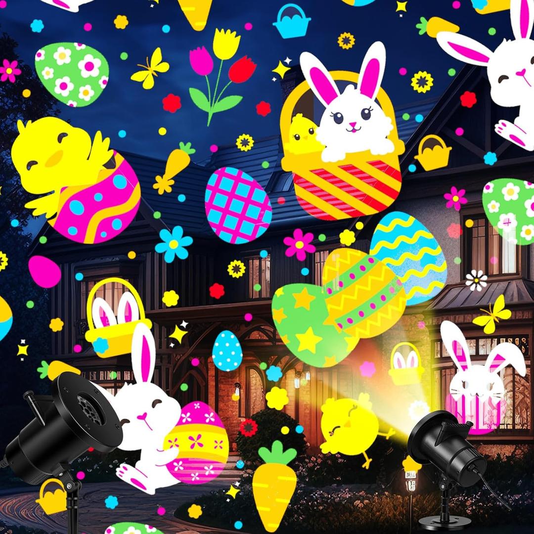 Easter Decorations Projector Lights LED Projector Lights Outdoor with Bunny Eggs Patterns Slides Weatherproof Easter Party Landscape Decorative Lighting Projection Lamp