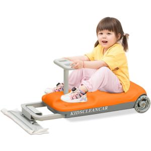 12V Ride-On Car with Cleaning Fun, 3 in 1 Gokart, Soft-Start, 5-Speed Adjustable, Detachable mop, Rechargeable Battery, 160lbs Capacity, Indoor & Outdoor for Kids Ages 3+ Orange, 13 inches x 14 inches x 26 inches