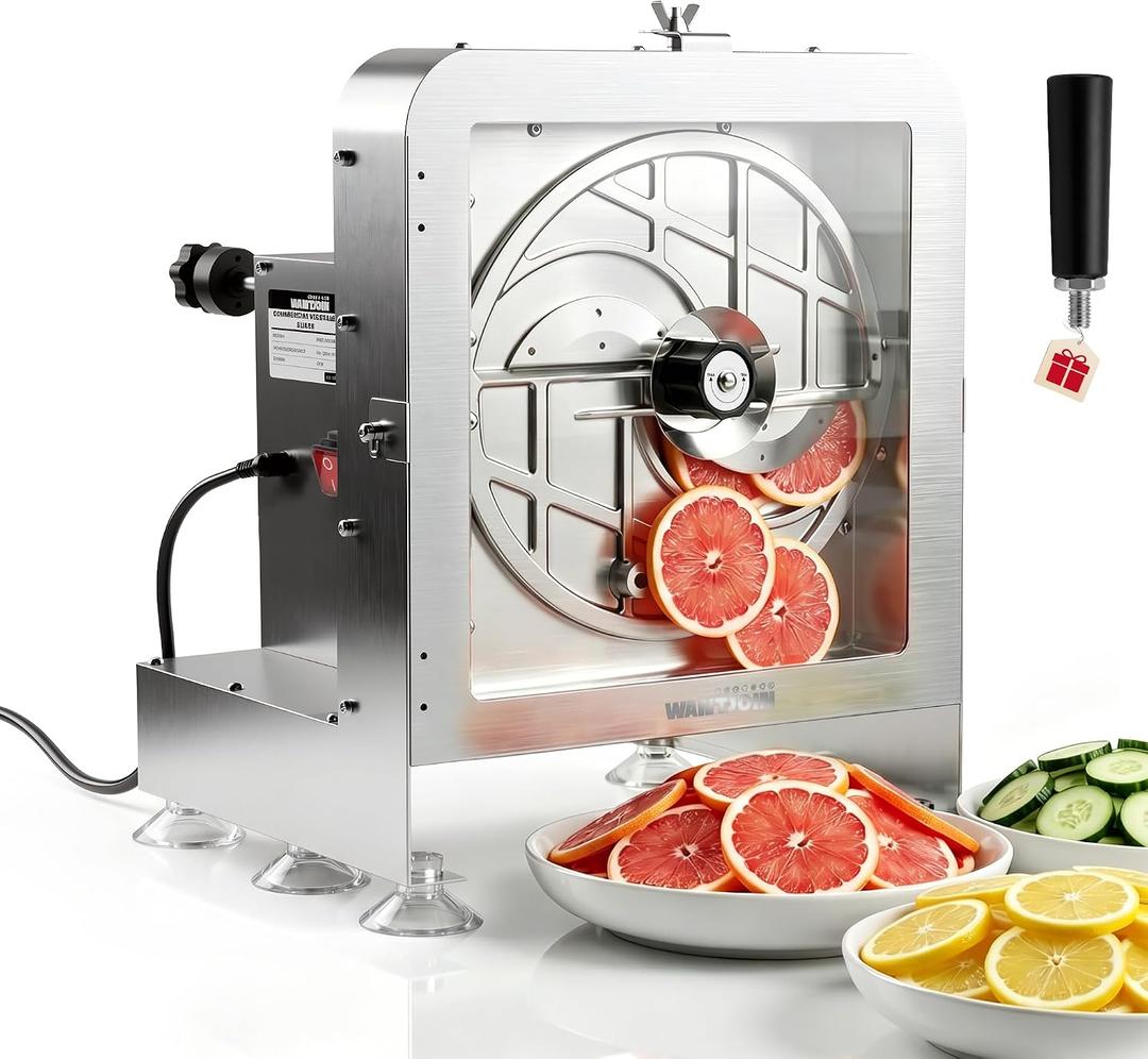 WantJoin Commercial Electric Vegetable Slicer - Upgraded Glass Window 300LBS/H Vegetable Slicer Machine w/ 0-0.4" Adjustable Thickness, Stainless Steel Blade, For Catering Food Prep - Sliver