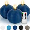 Flameless Candles with Remote, Blue Round Candles Ball LED Battery Operated Real Wax Candles Warm Light 3D Wick Flickering for Home Party Wedding Decor (Set of 3)