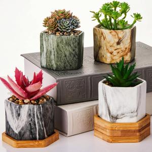Marbling Ceramic Flower Pot Succulent Small Plant Cactus Herbs Planter Ceramic Pot with Drainage Hole Matte Container(4 Pcs,Hexagon Style)