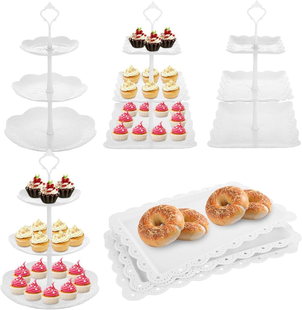 SHUESS 10 Pack White Plastic Dessert Table Stand with 2 Square X 3-Tier Cupcake Display Stands + 2 Round X 3-Tier Cookie Tray Rack Serving Tower and 6 Pcs Dessert Trays Perfect for Birthday Party