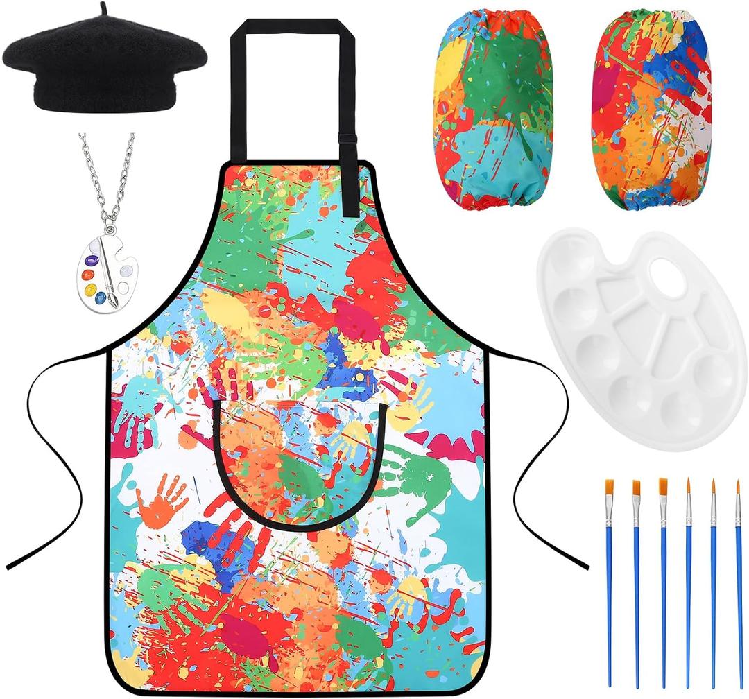 XLSXEXCL Artist Costume for Kids, Painter Dress Up Set with Colorful Artist Apron and Sleeves, Palette, Brush, Necklace, and Black Hat, Kids Painter Costume Accessories for Boys and Girls (Style 1)