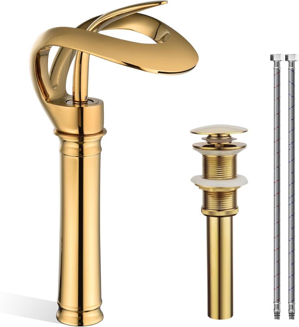 Elegant Tall Bathroom Sink Faucet Single Hole, AUU Waterfall Gold Vessel Sink Faucet Solid Brass, Single Handle Bowl Sink Faucet with Pop Up Drian Supply Line (Gold, Tall)