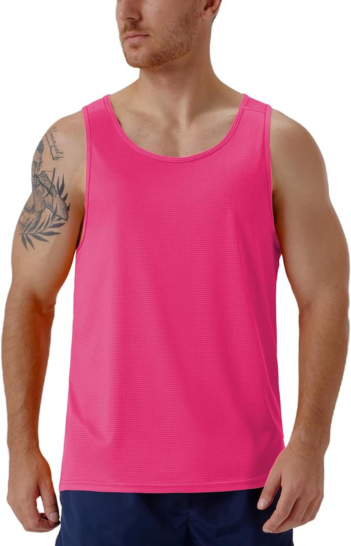 CQC Men's Sleeveless Shirts Gym Workout Running Quick Dry Tank Top Beach Swim Muscle Athletic Shirt (X-Large, Neon Pink)